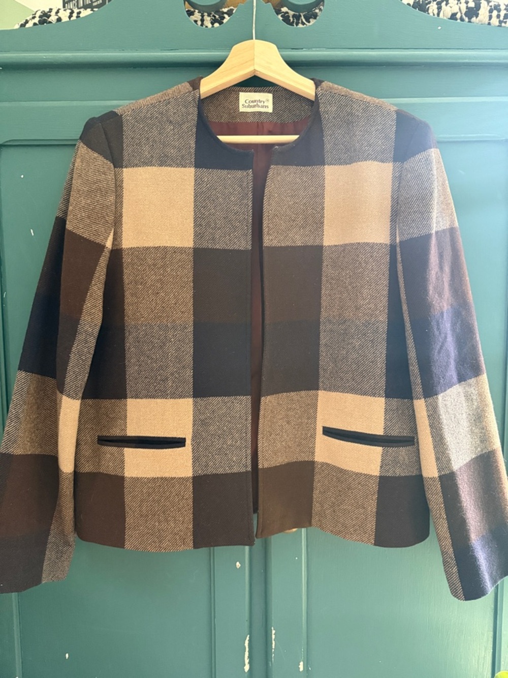 Country Road Wool Blend Brown & Cream Plaid Collarless Jacket Vintage